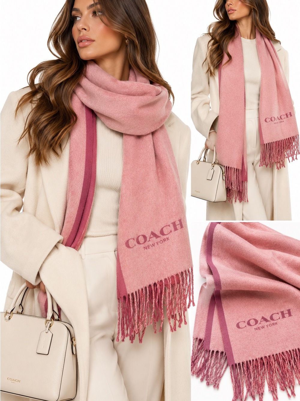 Coach Pink Wool-Blend Logo Fringe Scarf